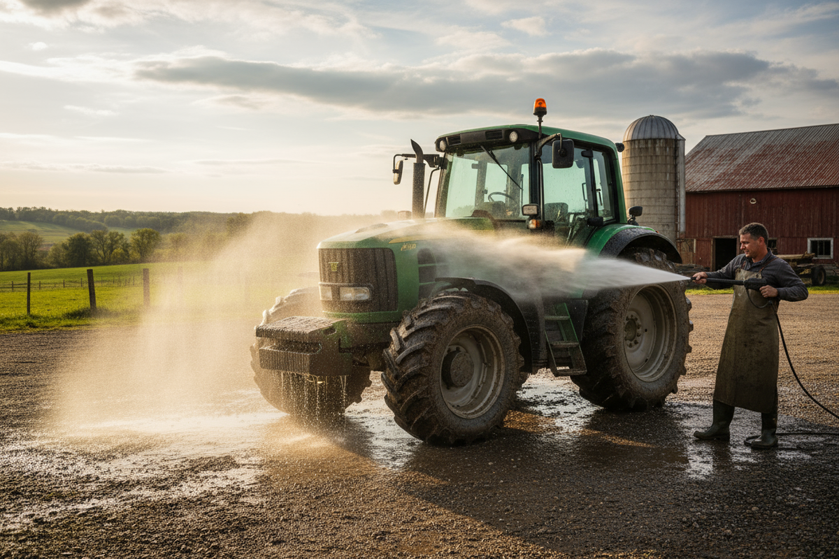 Landwirt reinigt Traktor mit Hochdruckreiniger